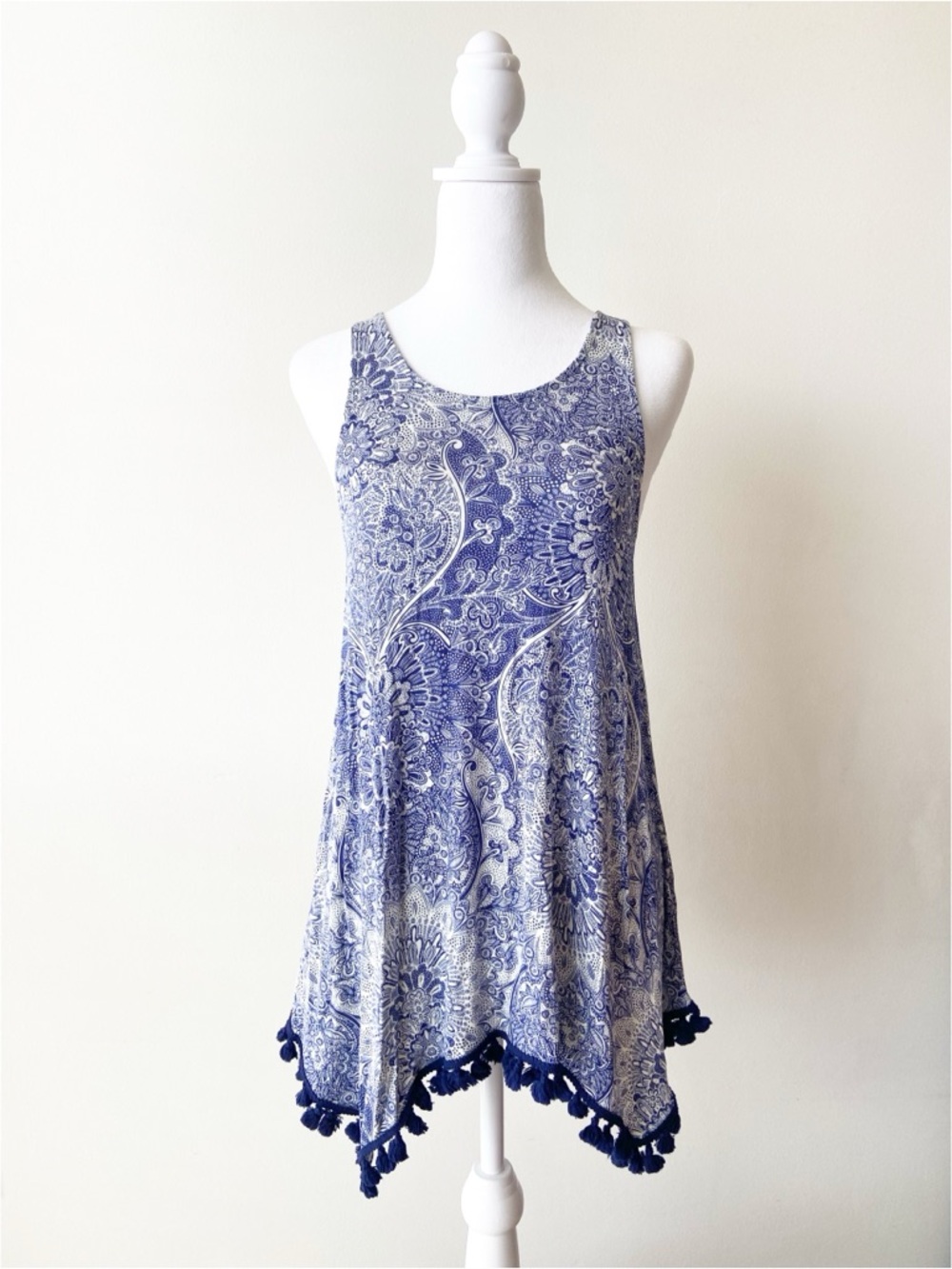Eyeshadow Blue Paisley Tank Top Dress With Tassels Size M